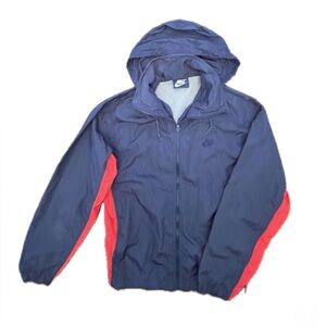 Vintage NIKE Blue & Red Stripe Zip Up Unisex Windbreaker w/ Hood, Small